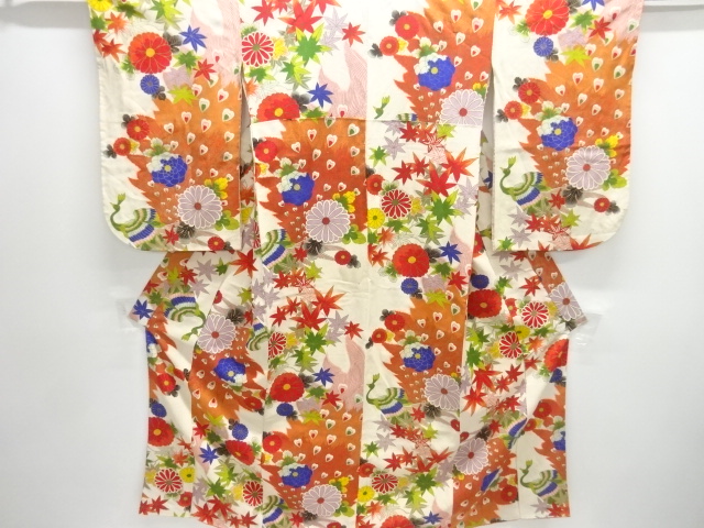 JAPANESE KIMONO / ANTIQUE KIMONO / PEACOCK & KIKU & MAPLE